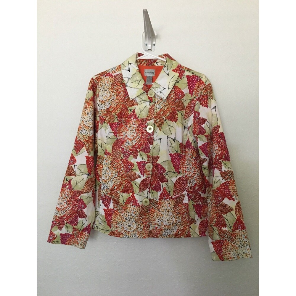 Chico's 1 Size (S) Floral Sequins Cotton Blend Lined Button Jacket